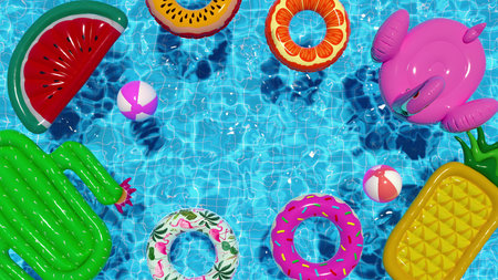 3d render Inflatable circles ball mattress floating in the pool in summer top view