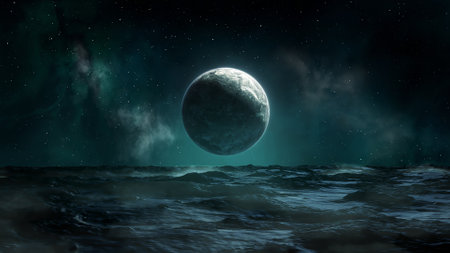 A Mysterious Planet Gracefully Overlooking a Vast and Enigmatic Cosmic Ocean Below itの写真素材