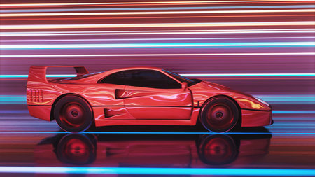 A Striking and Dynamic Red Sports Car is Captured in Motion While Racing Down the Open Highwayの写真素材