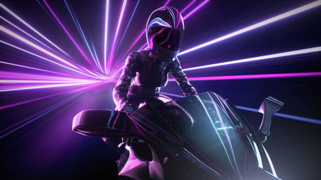A Futuristic Rider on a Stunning Neon Motorcycle, embodying a vibrant and dynamic sceneの素材