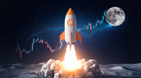 An Epic Rocket Launch Aiming for the Moon While Keeping an Eye on Stock Market Trendsの素材