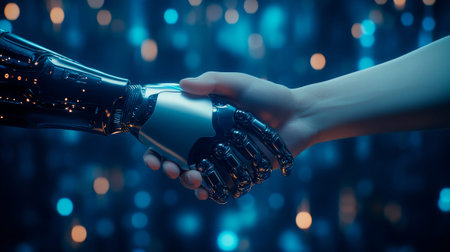 The handshake between humans and robots symbolizes collaboration and unity in technologyの素材