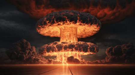 A nuclear explosion creates a fiery mushroom cloud, filling the sky with chaos and destructionの素材
