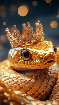 An Exquisite Majestic Golden Snake Adorned Elegantly, Decorated with a Beautifully Crafted Crownの素材