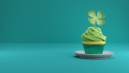 Delicious and Festive Green Cupcake with Shamrock Decoration for Your Special Celebrationの写真素材