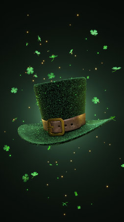 A Shimmering Green Leprechaun Hat adorned with vibrant Shamrocks for festive celebrationsの写真素材