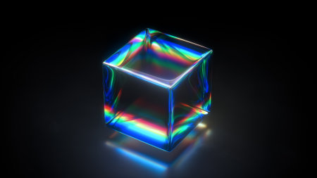 A Stunningly Colorful, Exquisite Glass Cube That Features a Beautiful, Vibrant Rainbow Reflectionの写真素材