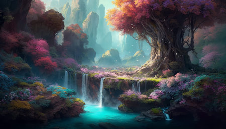 An Enchanting Mystical Forest Filled with Gorgeous Waterfalls and Lush, Vibrant Floraの素材