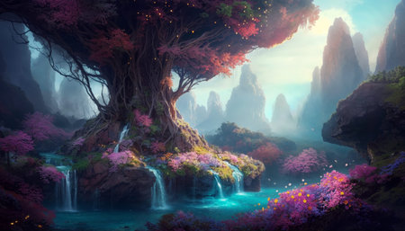 An Enchanting Fantasy Landscape featuring a Majestic Tree along with Beautiful Waterfallsの素材