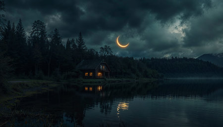 A Mysterious Night Unfolds at a Beautiful Lake House Beneath a Shimmering Crescent Moonの素材