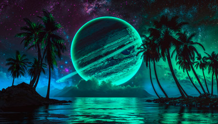A Surreal Cosmic Landscape featuring a Luminous Planet amidst Tropical Palms and beautyの素材