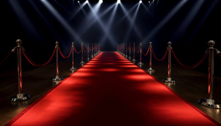 The prestigious Red Carpet Event featuring an illuminating spotlight and elegant ropesの素材