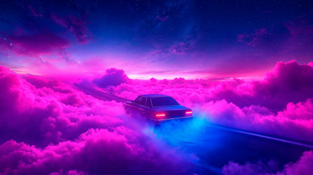 A Dreamy Retro Car set against a Vibrant Neon Cloudscape that truly captures the imaginationの素材