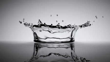 Experience the mesmerizing Dynamic Water Splash featuring a Reflective Surface in Monochromeの写真素材