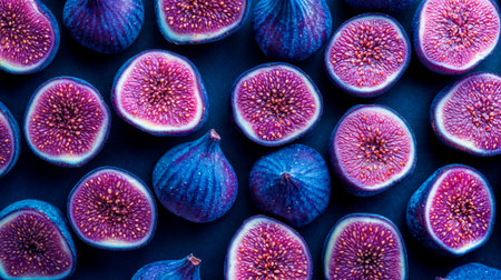 An Artistic and Beautiful Arrangement of Fresh Figs Displayed on a Dark Background Surfaceの素材