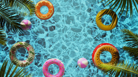 Bright and Colorful Pool Floats Surrounded by Sparkling Water and Lush Green Palms
