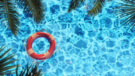 Colorful Lifebuoy Floating in Clear Blue Poolの写真素材