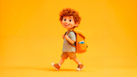 A Cheerful Boy Happily Walking with His Backpack Against a Bright Yellow Backgroundの素材