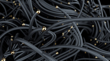 Chaotic tech visuals, Intricate network design featuring contrasting textures and hues, Complex web of dark cords accented by shimmering gold details and vibrant highlightsの写真素材