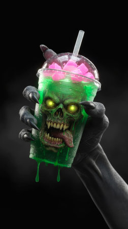 Dark urban setting with grotesque zombie head illuminated by stark dramatic lightingの素材