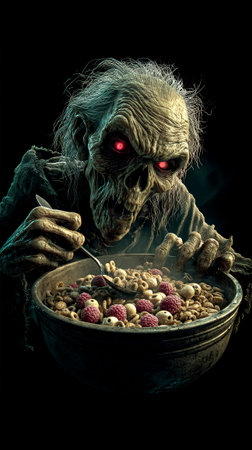 Faintly lit skeletal figure scene. Dark atmospheric depiction with bones and websの素材