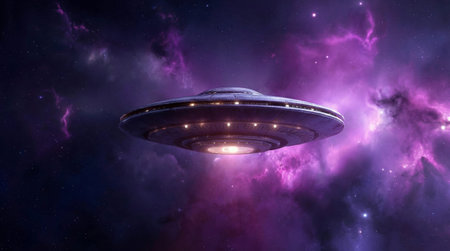 Enigmatic spacecraft gently drifts across starry sky amid swirling purple cloudsの素材