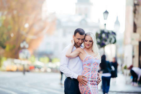 Loving couple walking in the city. Lvivの写真素材