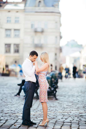 beautiful couple on city background posing, full heightの写真素材