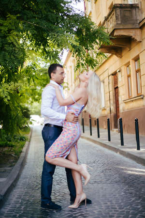 Romantic tourist couple walking around the city relaxingの写真素材