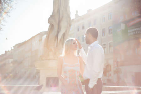 woman with her husband walking around the city, dressed neatly.の写真素材