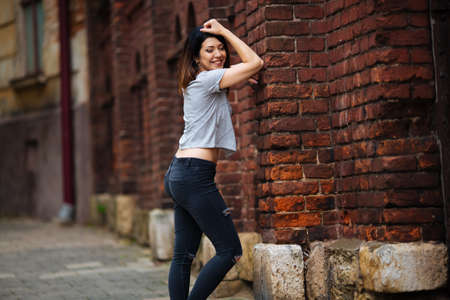 beautiful girl standing on the streetの写真素材