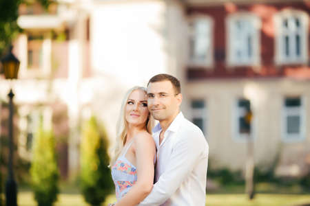 Smiling couple in love outdoors, lviv. summerの写真素材