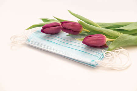 three tulips with green leaves and a covid mask on a white backgroundの写真素材