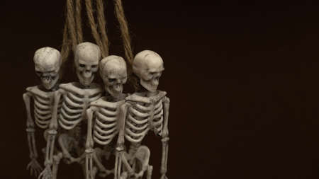 artificial human skeleton, skeleton figurine on a rope, halloween concept. High quality photoの写真素材