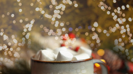 coffee with marshmallows in a cup on the background of a Christmas decor , the concept of Christmasの写真素材