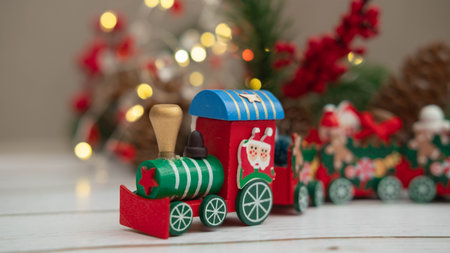 santa claus christmas locomotive on white wooden background with bokehの写真素材