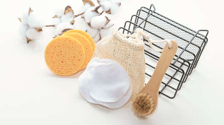 wooden eco-brush for facial massage , cotton discs for removing makeup,の写真素材
