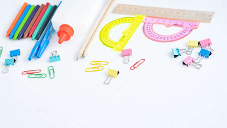 colored stationery on a white background with a place for textの写真素材