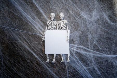 Halloween concept ,web with skeletons on a black background with a place for text ,mockup
