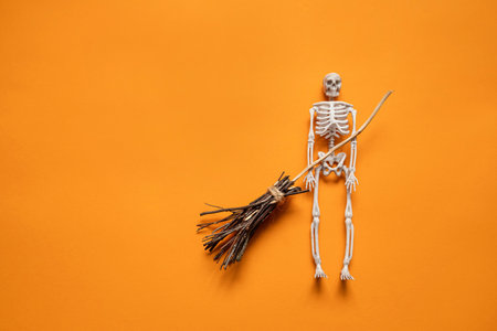 a skeleton with a witchs broom on an orange background , a happy Halloween conceptの写真素材