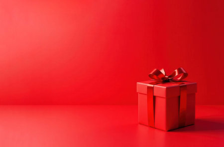 Red Gift Box with Red Bow and Red Ribbon on Red Background