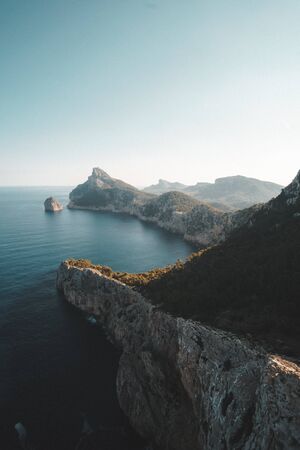 Stunning View over Coast of Mallorca with Mountains and Blue Ocean in the distanceの写真素材