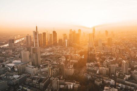 Incredible View of Frankfurt am Main, Germany Skyline in on Hazy Winter morning in Beautiful Sunrise Light September 2019のeditorial素材