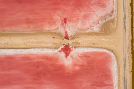 Birds eye view of the pink salt lakes separated by a sand spit from the Gulf of Mexico on the...