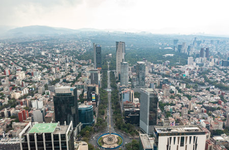 Aerial view of the Angel of Independence surrounded by greenery and commercial and financial...
