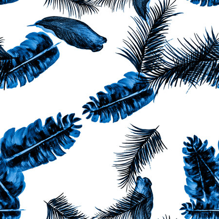 Cobalt Tropical Background. Navy Seamless Nature. White Pattern Vintage. Azure Flower Palm. Blue...