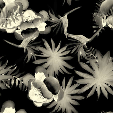 Black Tropical Design. White Seamless Background. Gray Pattern Leaves. Flower Background. Spring Foliage. Garden Nature. Wallpaper Painting. Decoration Botanical.の写真素材