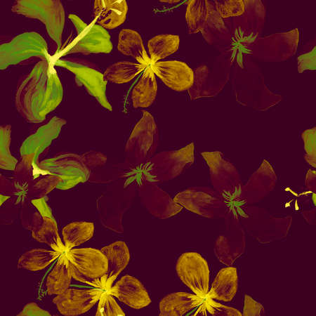 Purple Tropical Vintage. Violet Seamless Nature. Autumn Pattern Palm. Green Flower Botanical. Golden Spring Exotic. Yellow Flora Illustration. Watercolor Plant.の写真素材