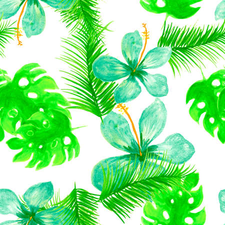 Natural Seamless Hibiscus. Organic Pattern Vintage. Blue Tropical Hibiscus. Green Garden Texture. Cobalt Floral Texture. White Wallpaper Texture. Monstera Leaves.の写真素材