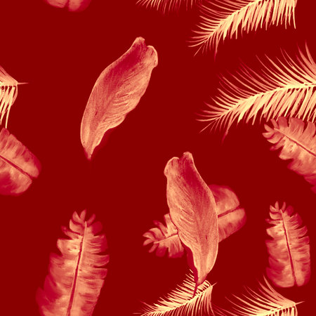 Ruby Seamless Botanical. Coral Pattern Textile. Scarlet Tropical Background. Brown Banana Leaves. Pink Drawing Painting. Summer Hibiscus. Wallpaper Hibiscus. Spring Illustration.の写真素材
